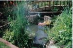 Curved timber Arbour built leading to Timber arch bridge over water feature